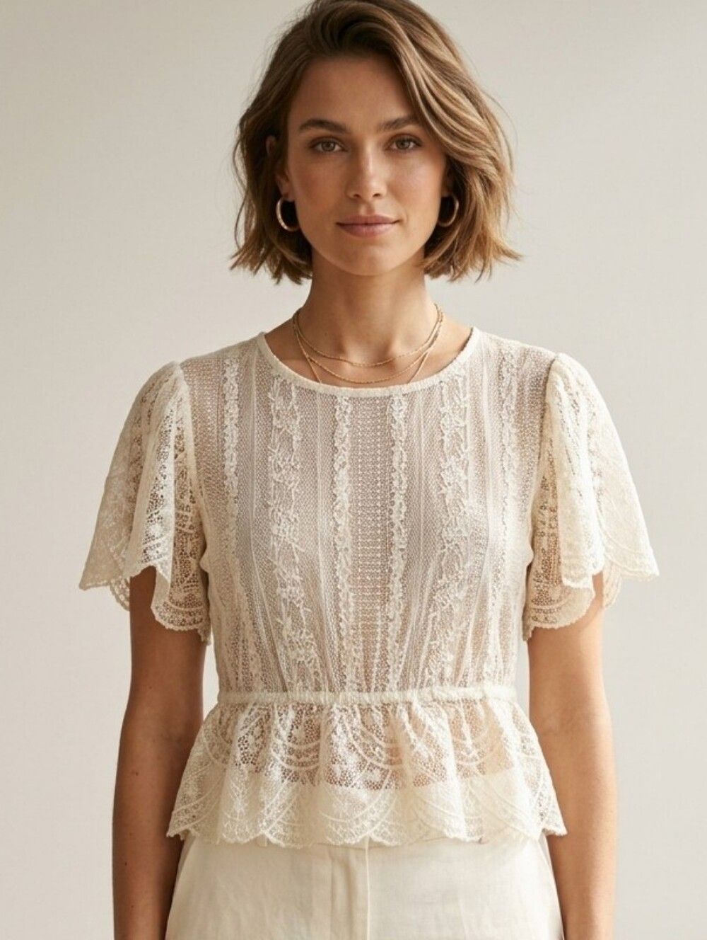 ZARA Cream Lace Sheer Peplum Blouse with Flutter Sleeves - Size S
